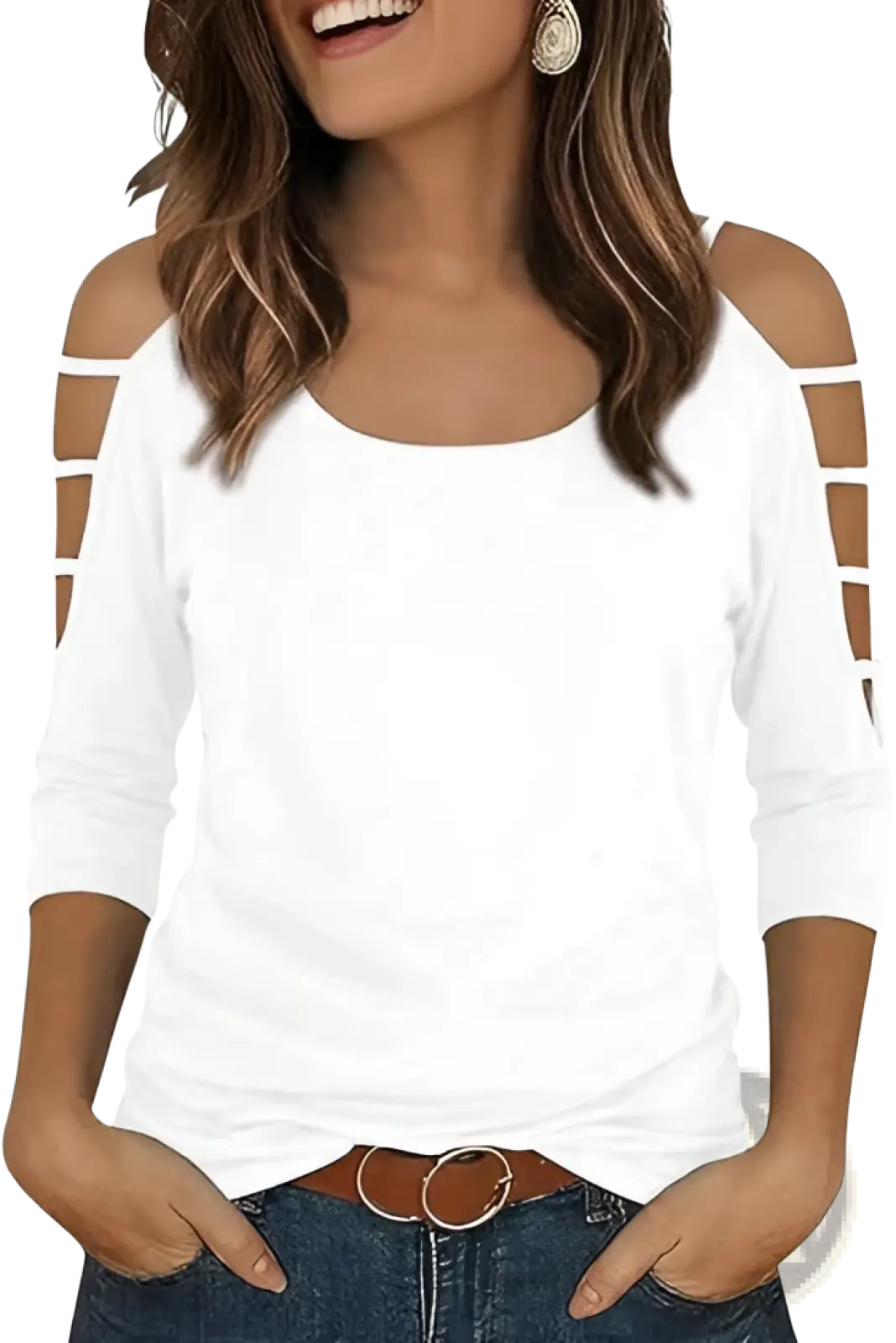 White off-shoulder top made of lightweight fabric featuring cut-out details on the sleeves for a stylish look