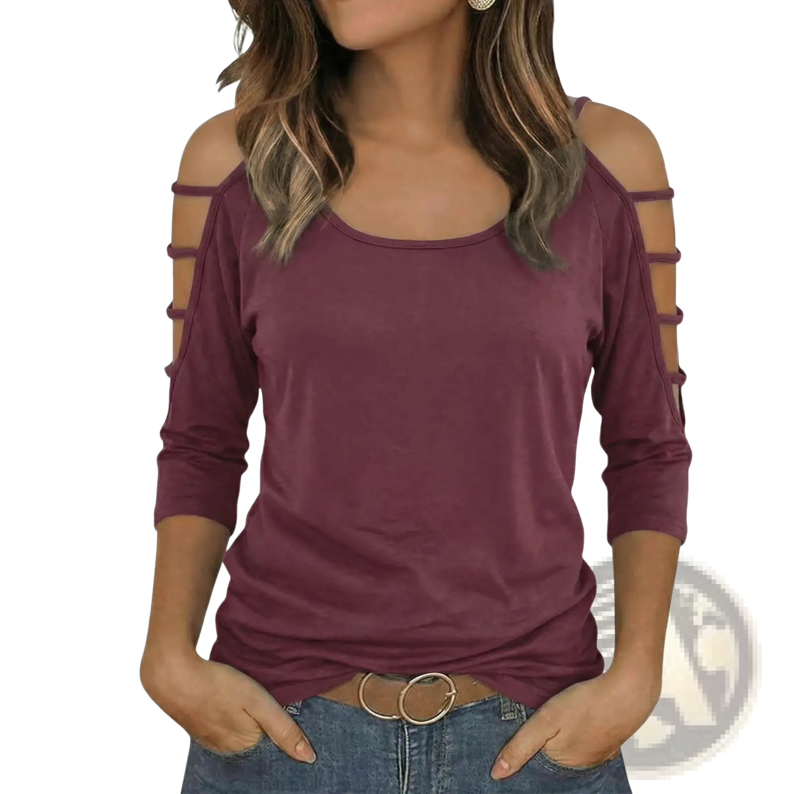 A maroon off-shoulder top with three-quarter sleeves and decorative cut-out straps for stylish wear