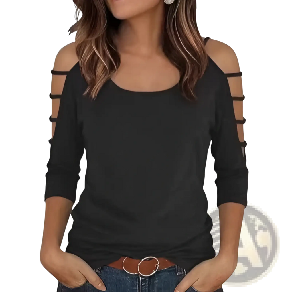 Black off-shoulder top with horizontal cut-out straps and three-quarter sleeves made from soft fabric for stylish wear