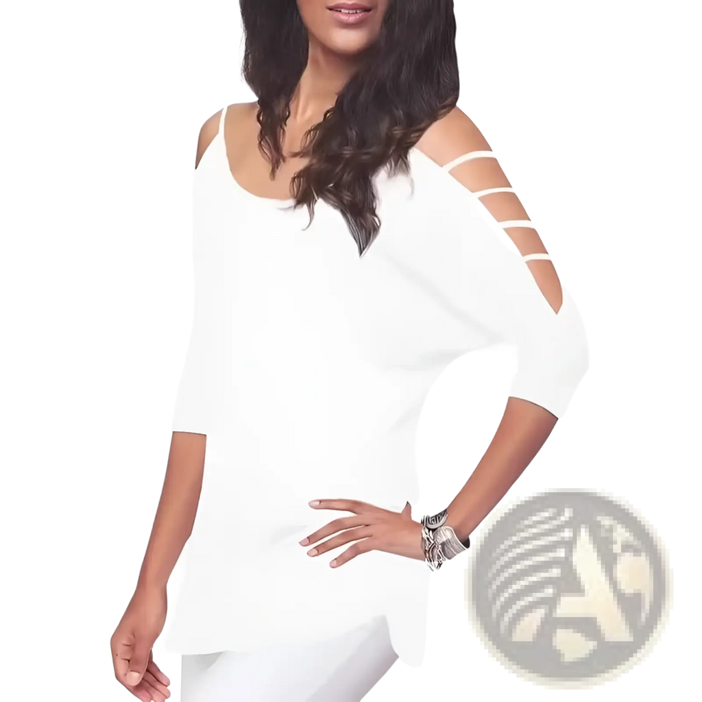 White off-shoulder top with three-quarter sleeves and cut-out straps made from lightweight fabric for stylish wear