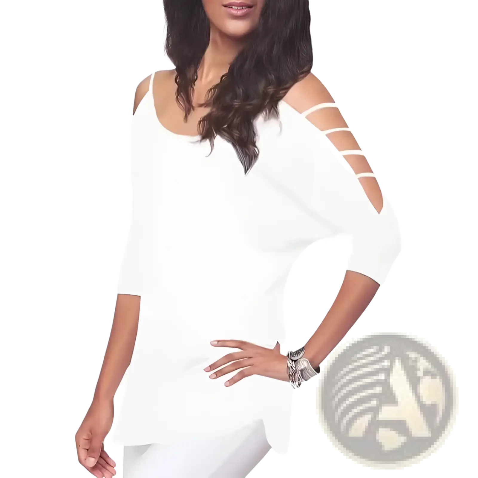 White off-shoulder top with three-quarter sleeves and cut-out straps made from lightweight fabric for stylish wear
