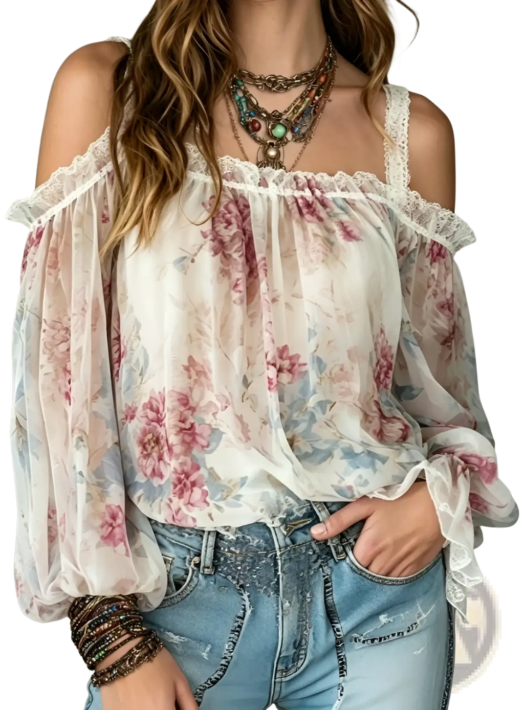 Off-the-shoulder floral bohemian blouse in soft sheer fabric with romantic muted pink and blue floral pattern