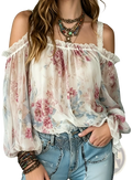 Off-the-shoulder floral bohemian blouse in soft sheer fabric with romantic muted pink and blue floral pattern