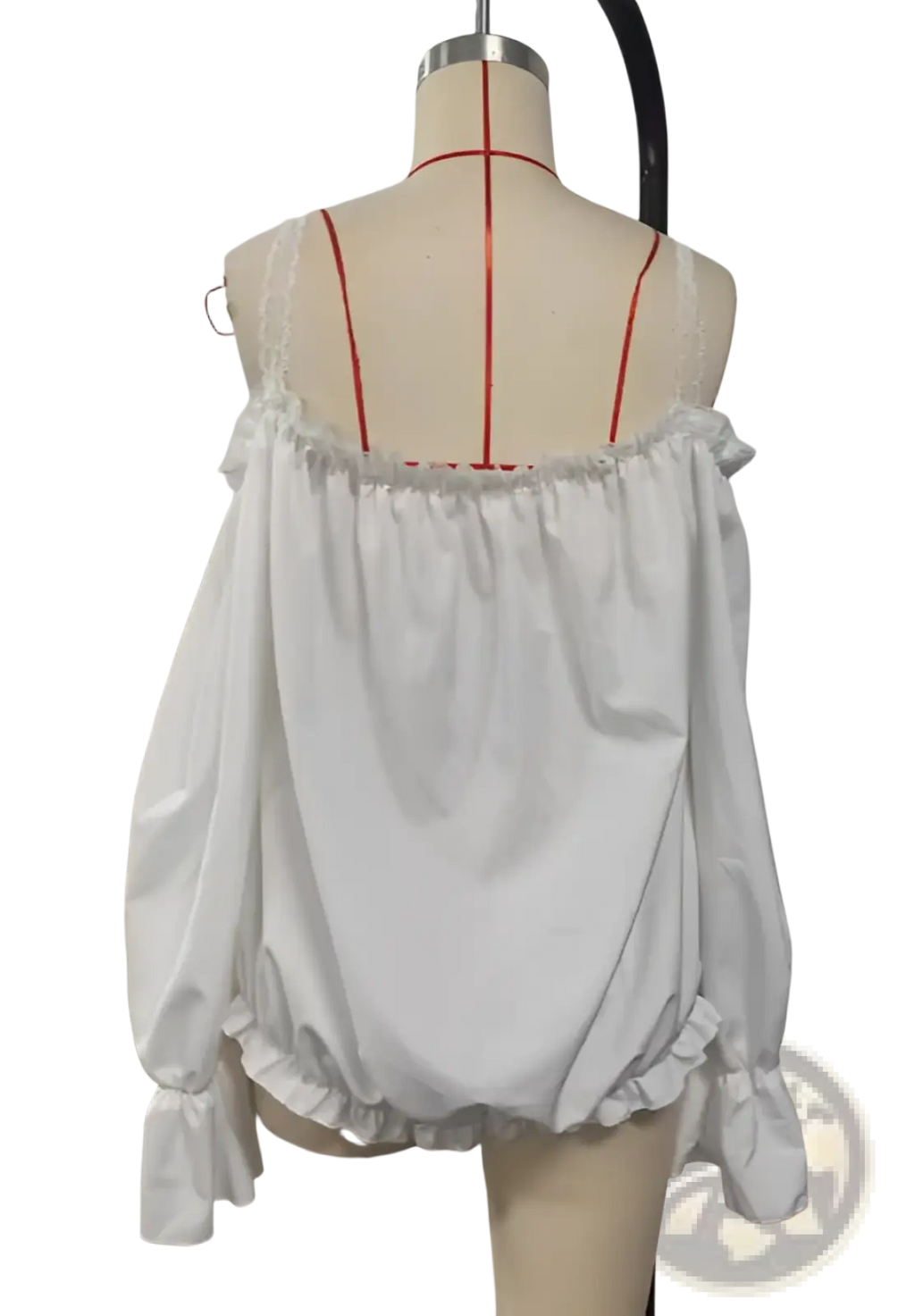 White off-the-shoulder floral bohemian blouse with lace trim and ruffled sleeves made of lightweight fabric
