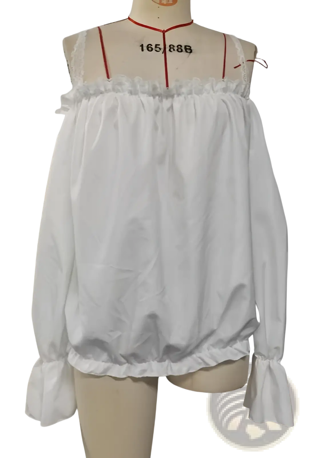 White off-the-shoulder floral bohemian blouse with lace trim and ruffled sleeves in lightweight fabric