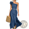 One shoulder floral denim maxi dress in medium blue with a large shoulder embellishment and frayed hem