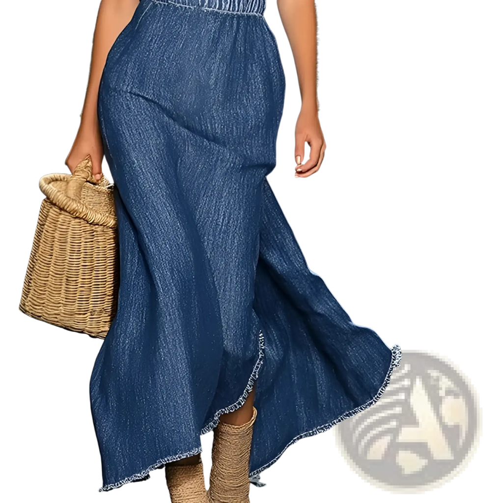 A flowing blue denim maxi skirt with frayed hem and vertical ribbing as part of one shoulder floral denim maxi dress