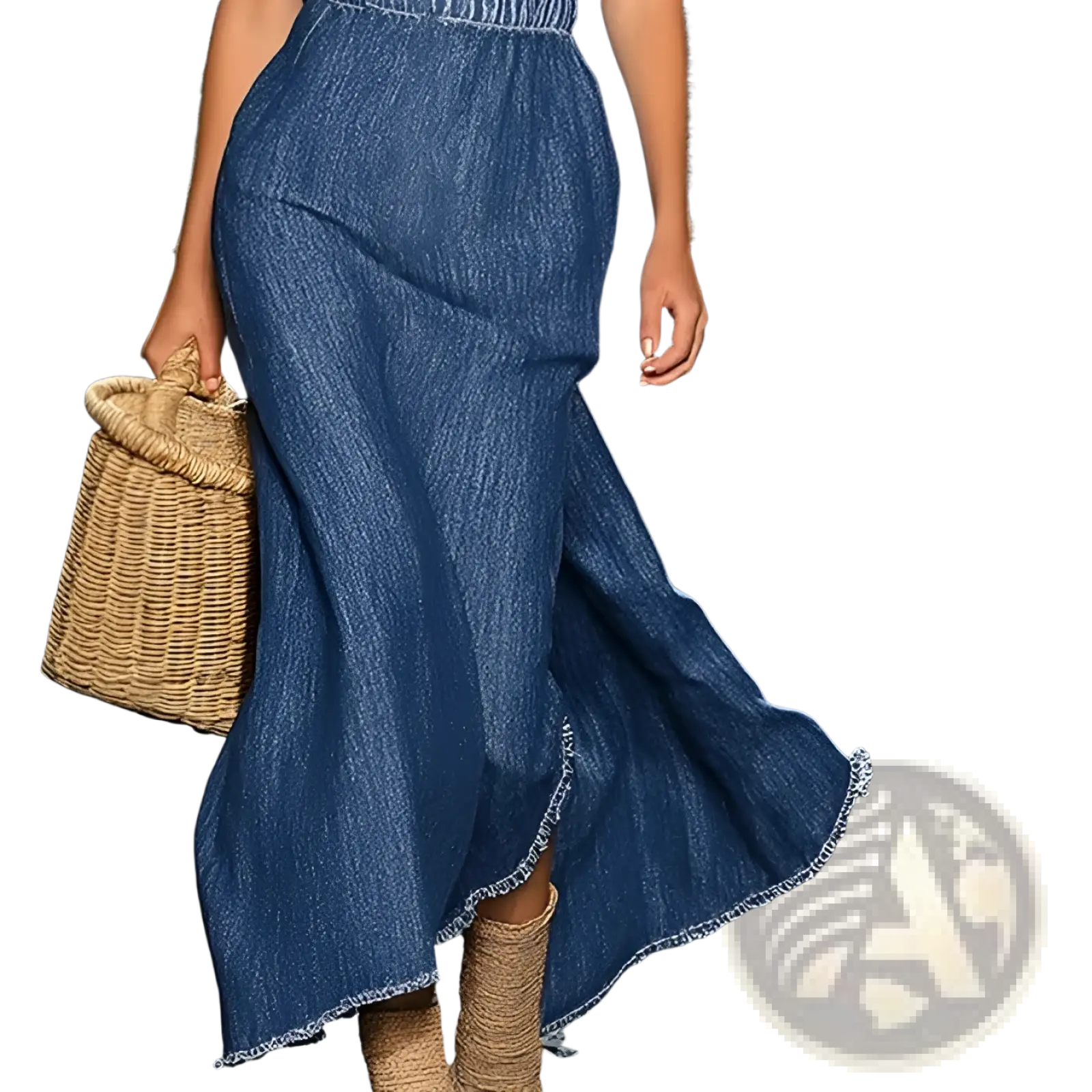 A flowing blue denim maxi skirt with frayed hem and vertical ribbing as part of one shoulder floral denim maxi dress