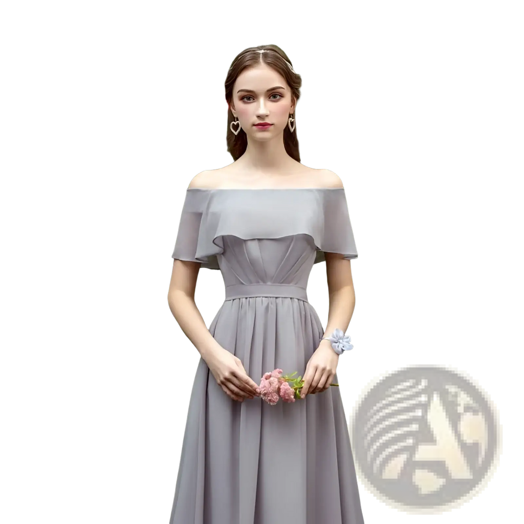 Off-the-shoulder gray satin bridesmaid gown with ruffled bodice and fitted waist floor length design