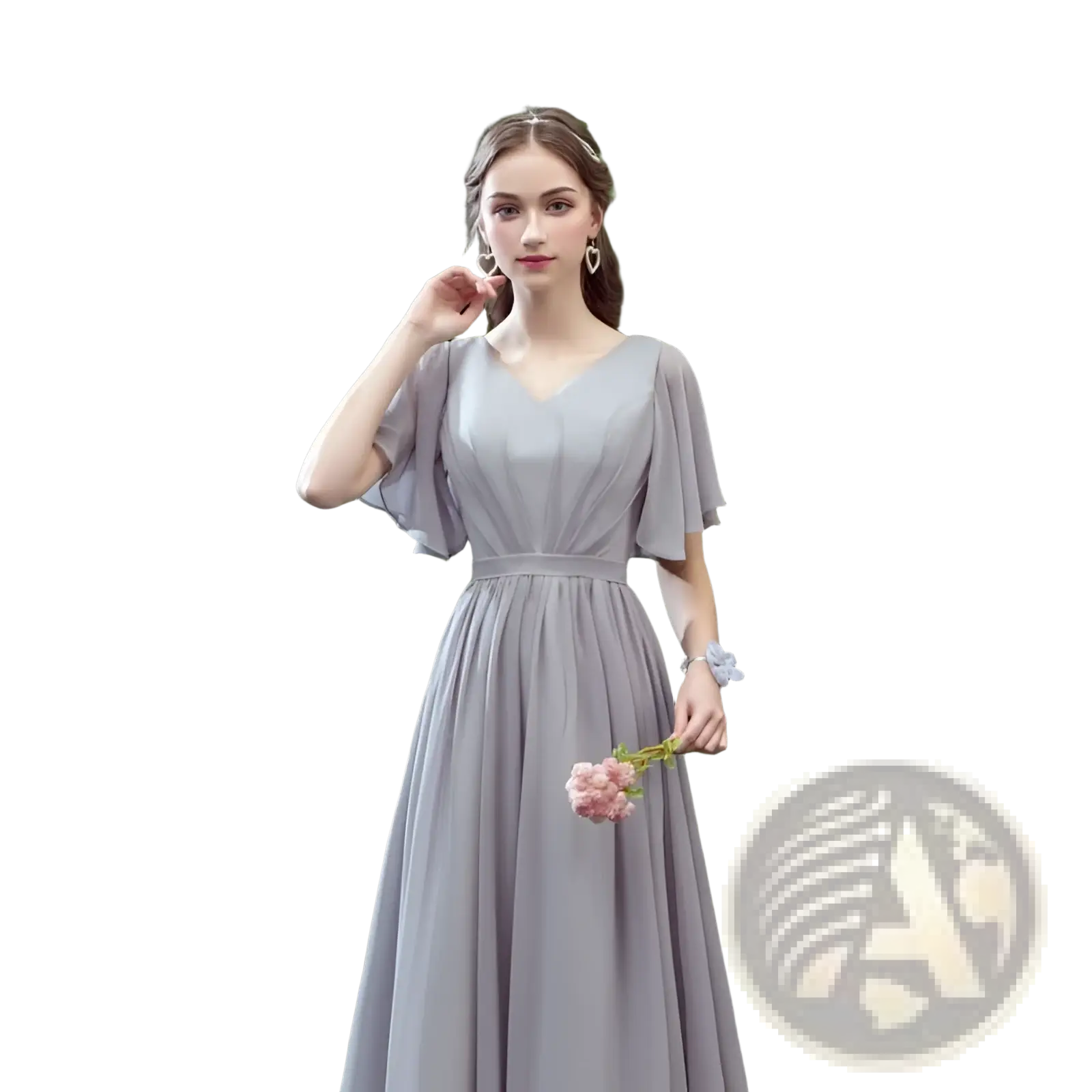 Off-the-shoulder gray chiffon floor-length bridesmaid gown with v-neckline and flutter sleeves