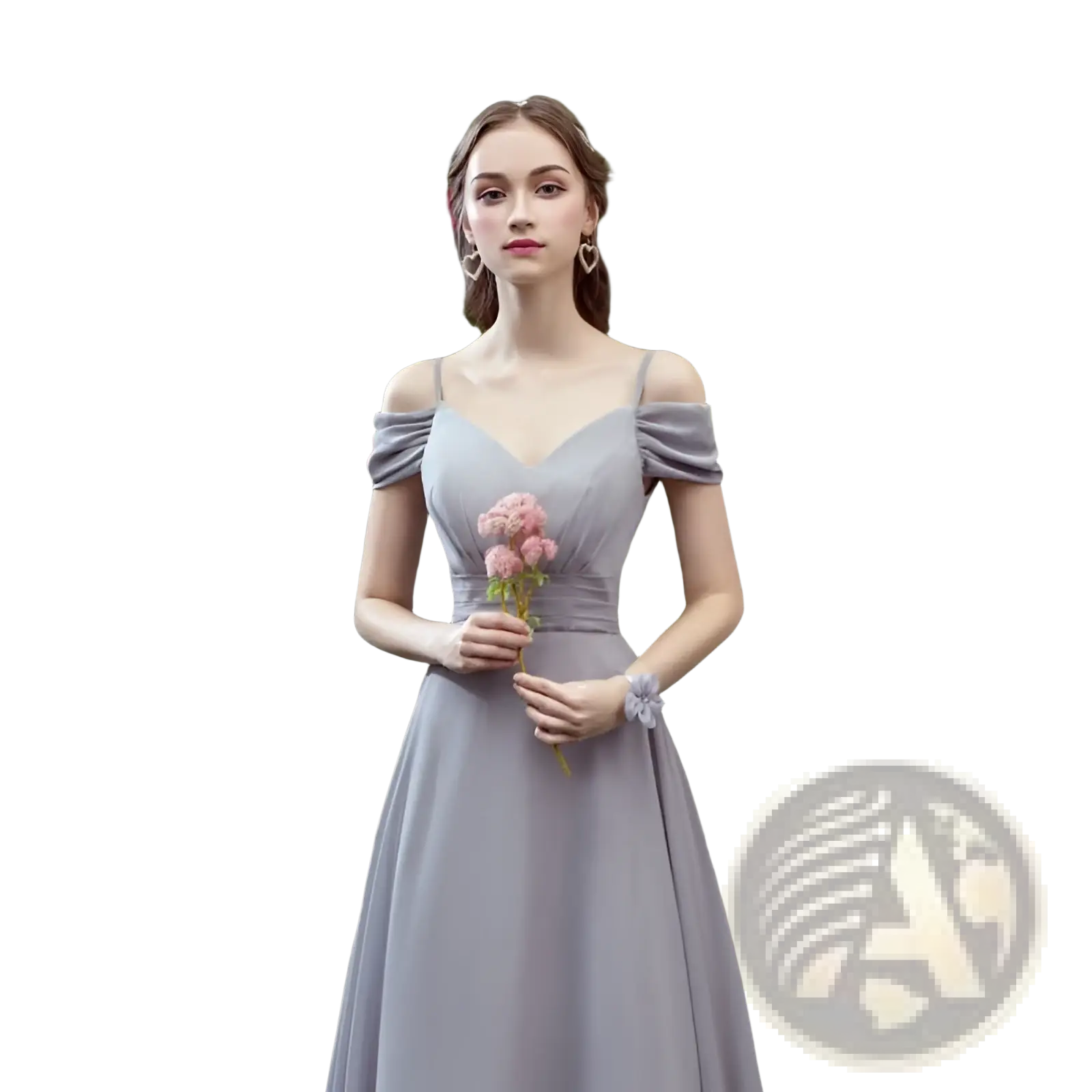 Off-the-shoulder lavender satin bridesmaid dress with puffed sleeves and fitted bodice for formal occasions