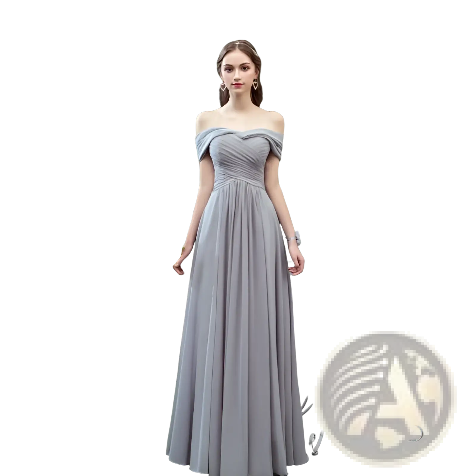 Off-the-shoulder gray chiffon floor length bridesmaid gown with a fitted bodice and draped neckline