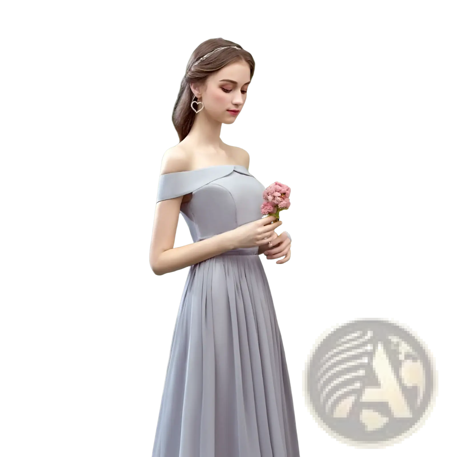 A flowing off-the-shoulder lavender chiffon floor-length bridesmaid gown with a fitted bodice and pleated skirt