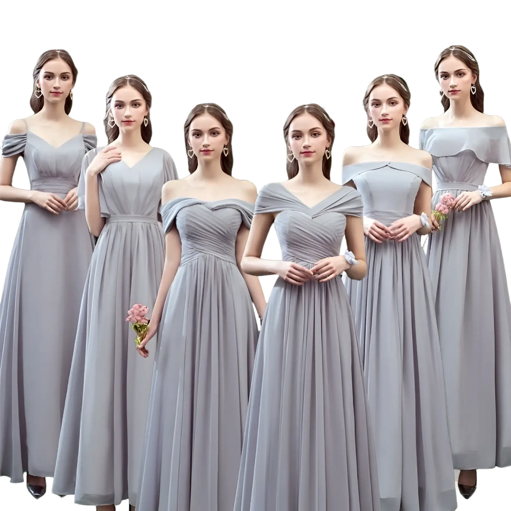 Six bridesmaids wear matching dusty gray off-the-shoulder chiffon floor-length gowns with ruched bodices and flowing skirts