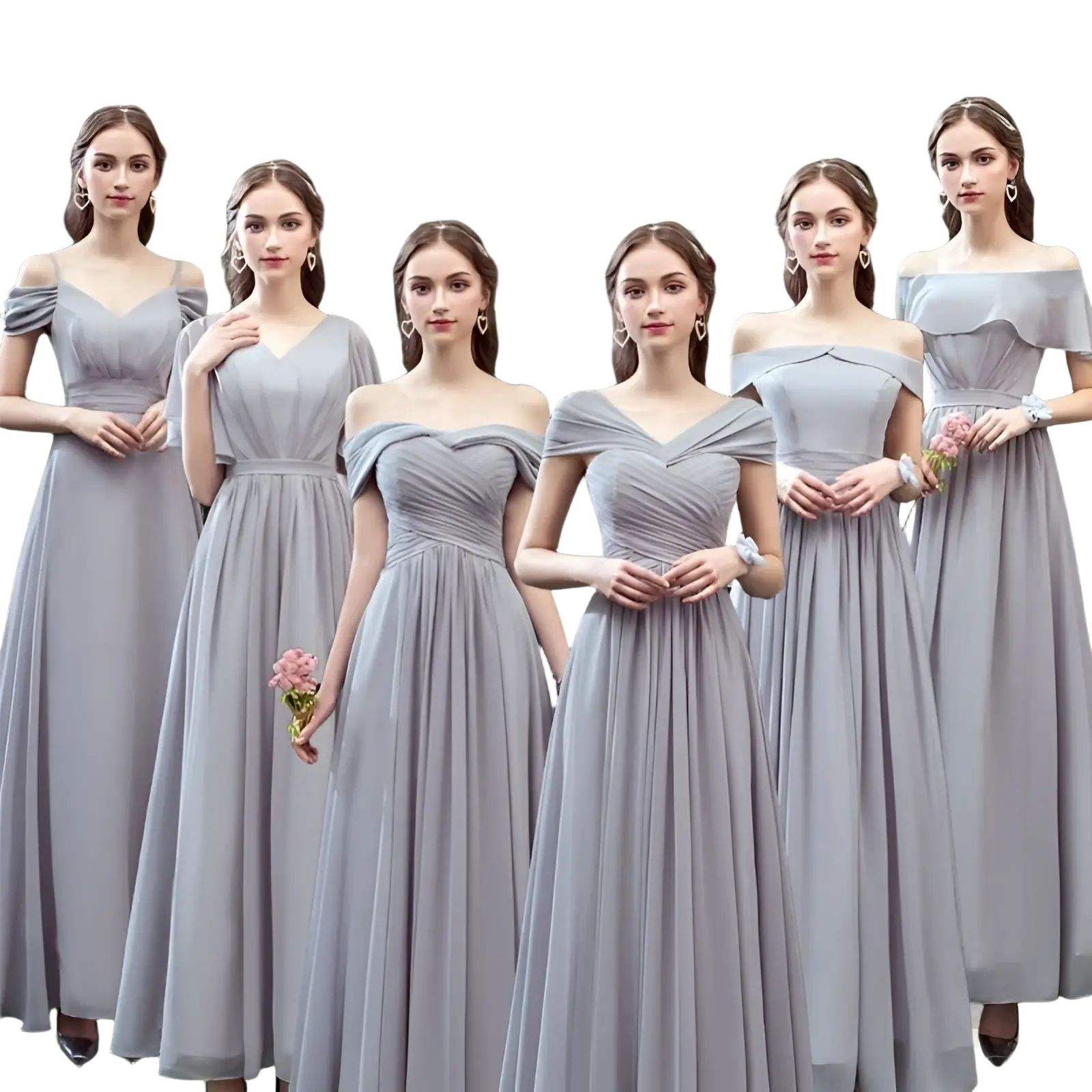 Six bridesmaids wear matching dusty gray off-the-shoulder chiffon floor-length gowns with ruched bodices and flowing skirts