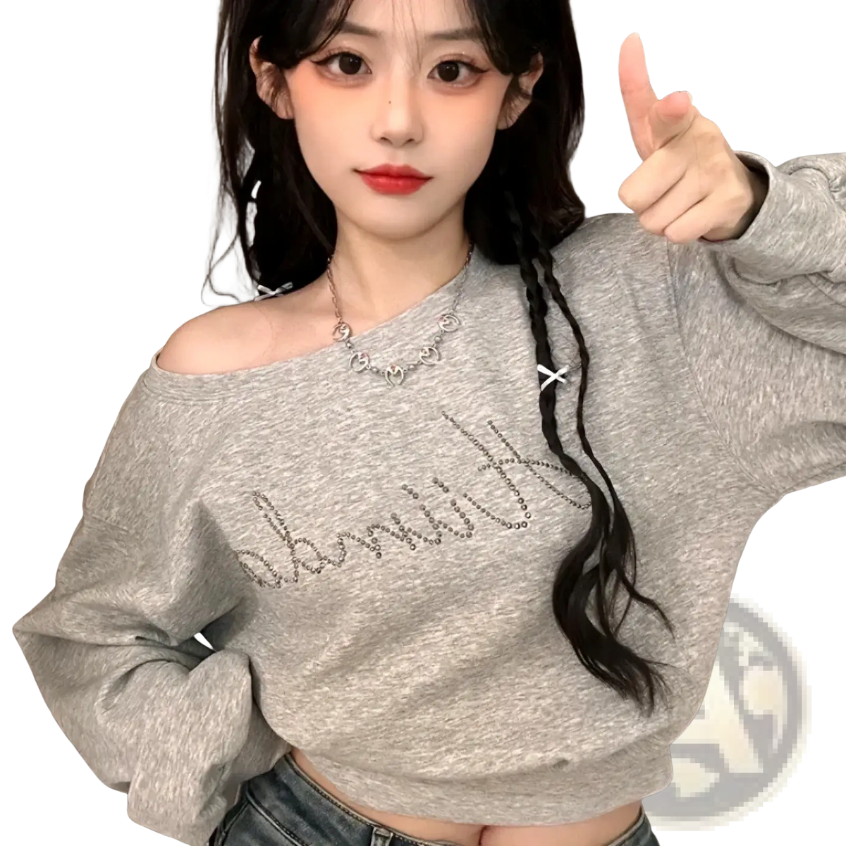 Off shoulder gray sweatshirt featuring rhinestone dammit lettering across the chest for stylish casual wear