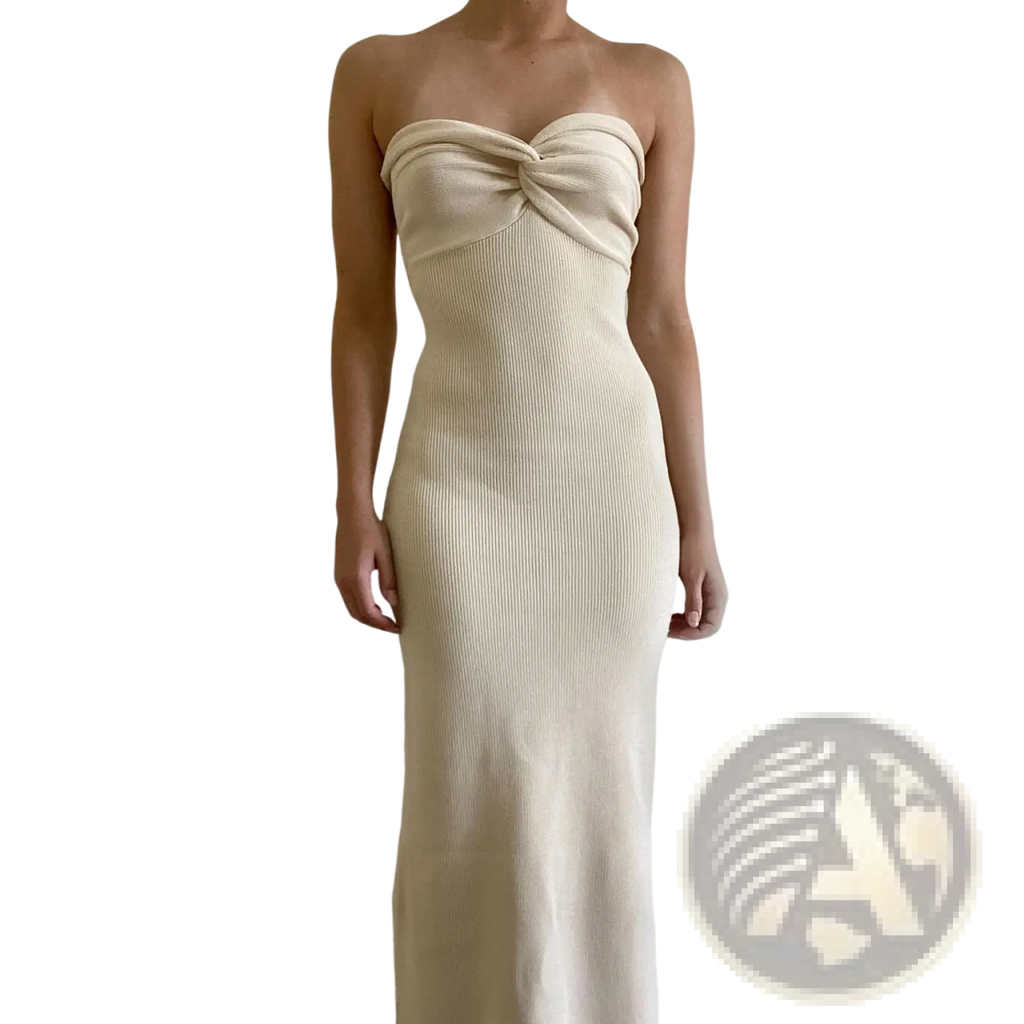 Cream-colored off shoulder knotted ribbed knit midi dress with twisted knot detail at the bust
