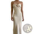 Cream-colored off shoulder knotted ribbed knit midi dress with twisted knot detail at the bust
