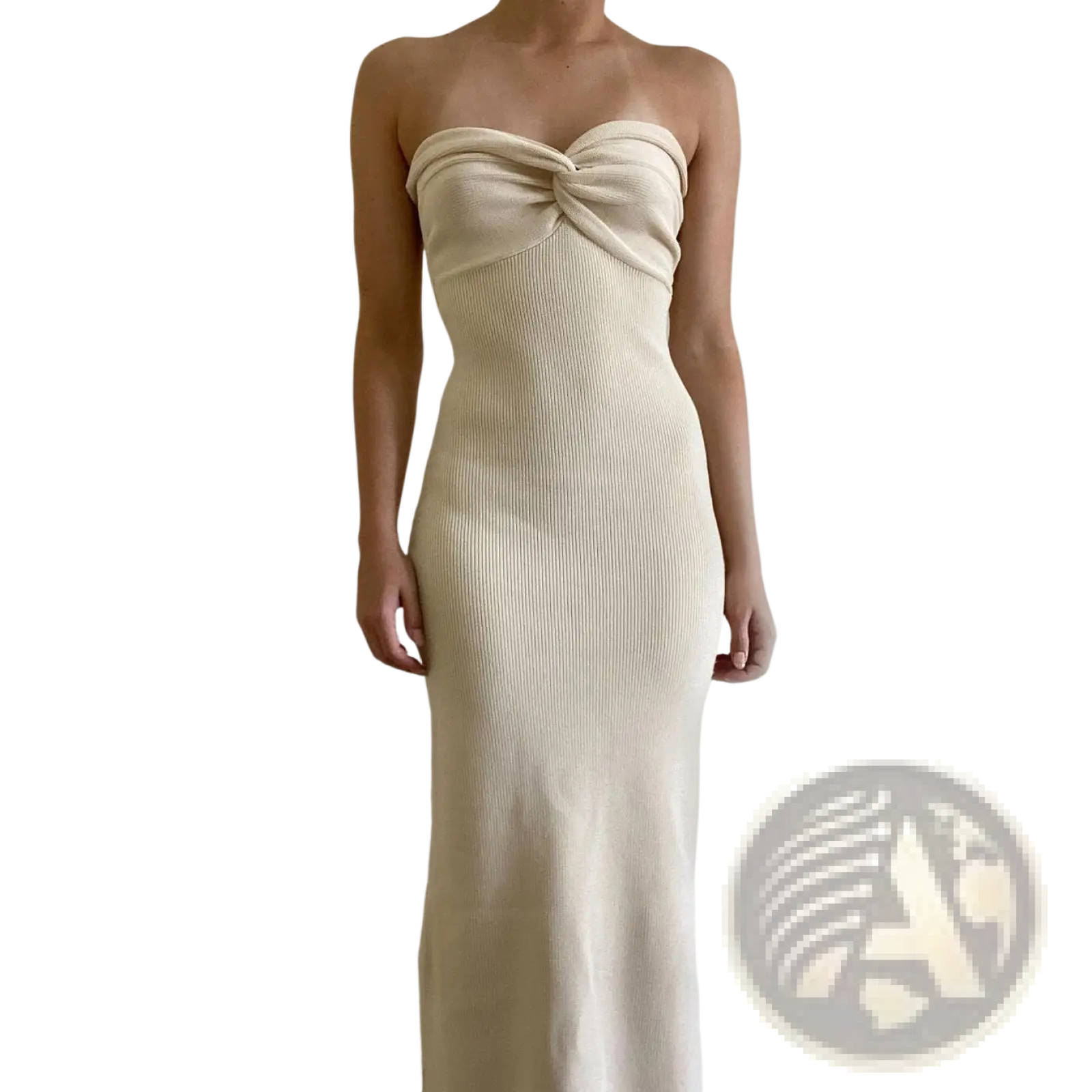 Cream-colored off shoulder knotted ribbed knit midi dress with twisted knot detail at the bust