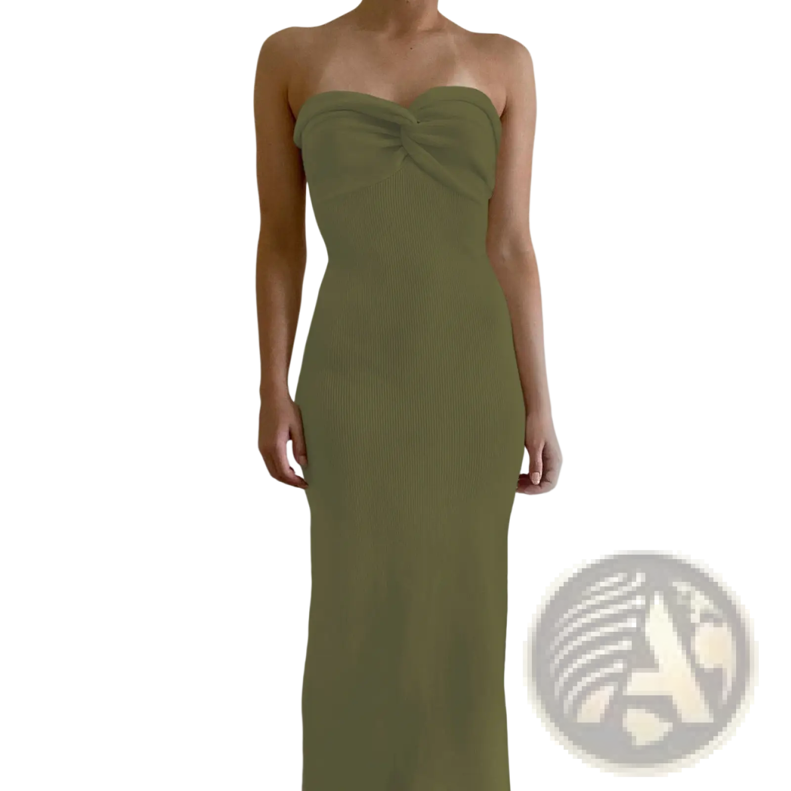 Olive green ribbed knit strapless midi dress with gathered bodice for elegant off shoulder styling