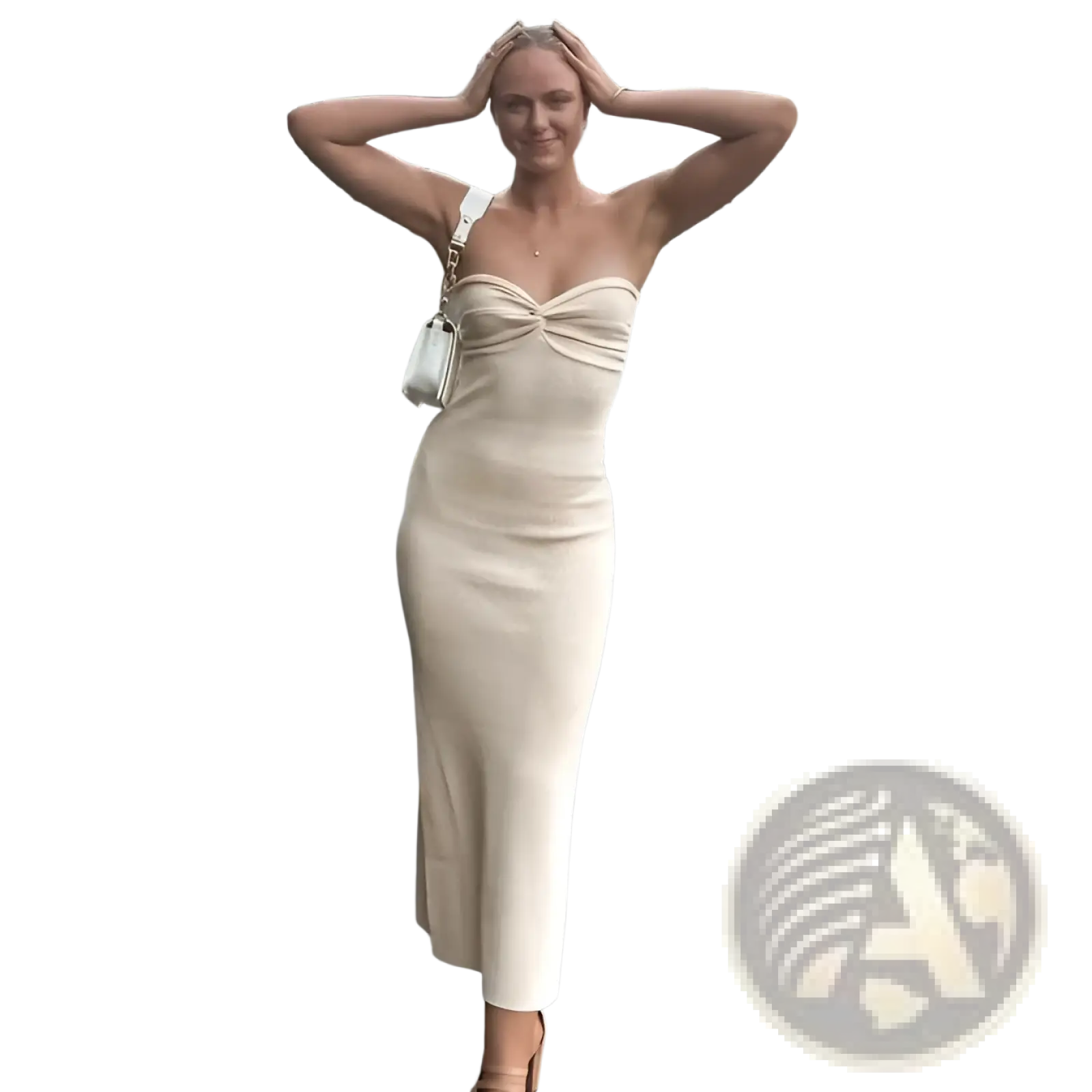 Beige off shoulder ribbed knit midi dress with strapless design and front knot detail in soft knit material