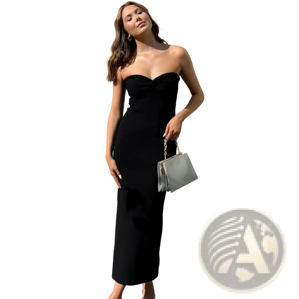 Black strapless ribbed knit midi dress with knotted detail perfect for elegant and casual occasions