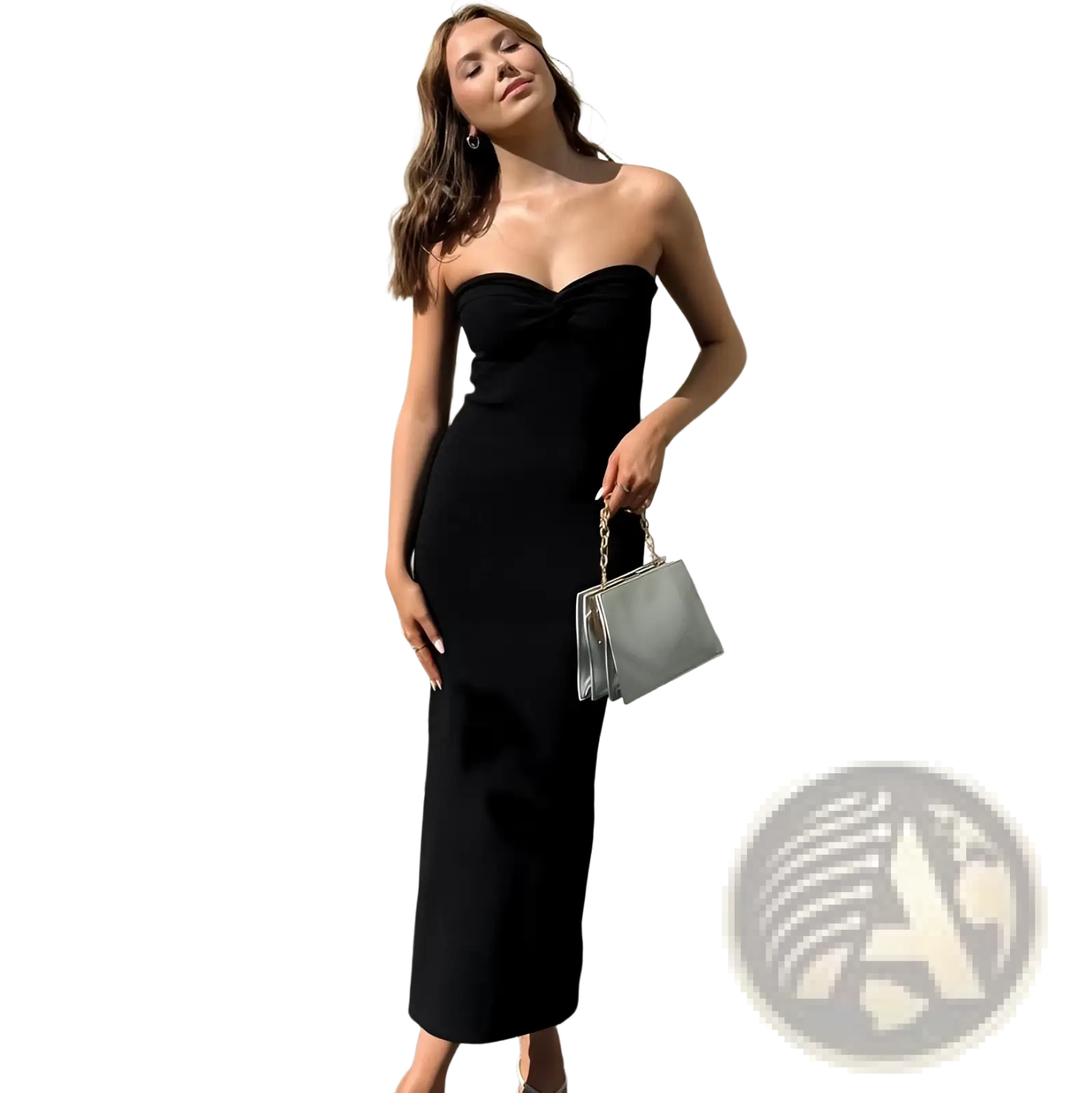 Black strapless ribbed knit midi dress with knotted detail perfect for elegant and casual occasions