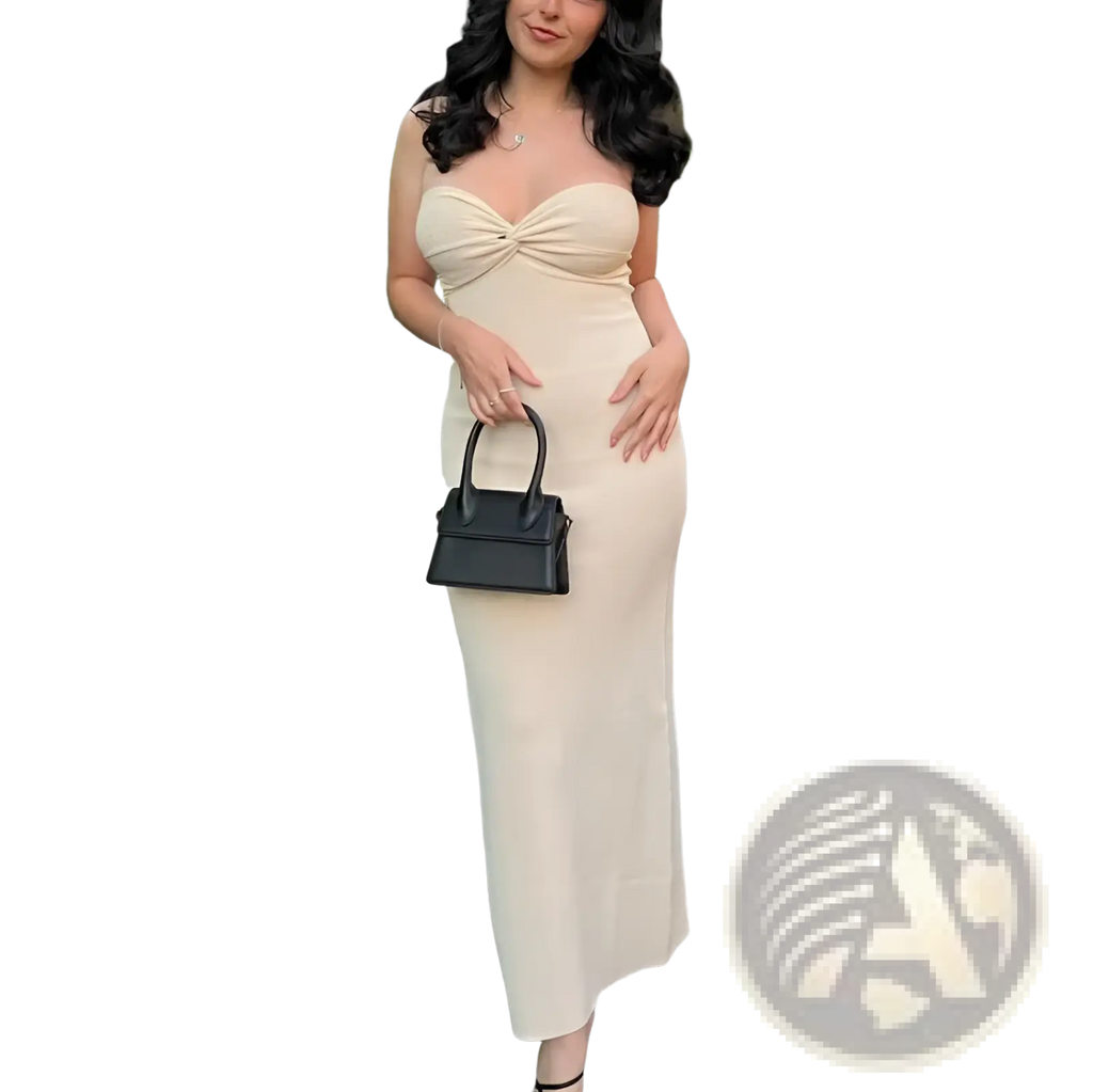 Cream-colored ribbed knit off shoulder midi dress with strapless design and front knot detail