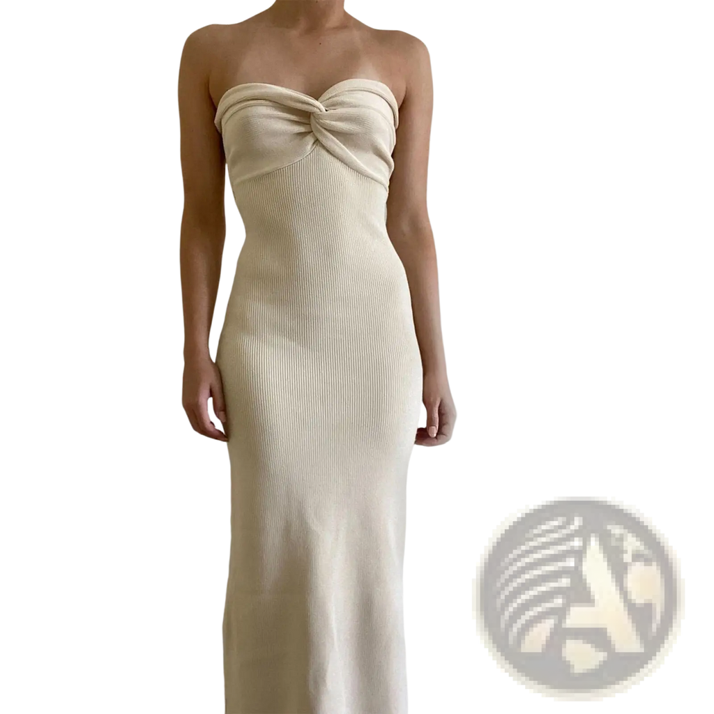 Cream-colored off shoulder ribbed knit midi dress with twisted knot detail at the bust in a strapless design