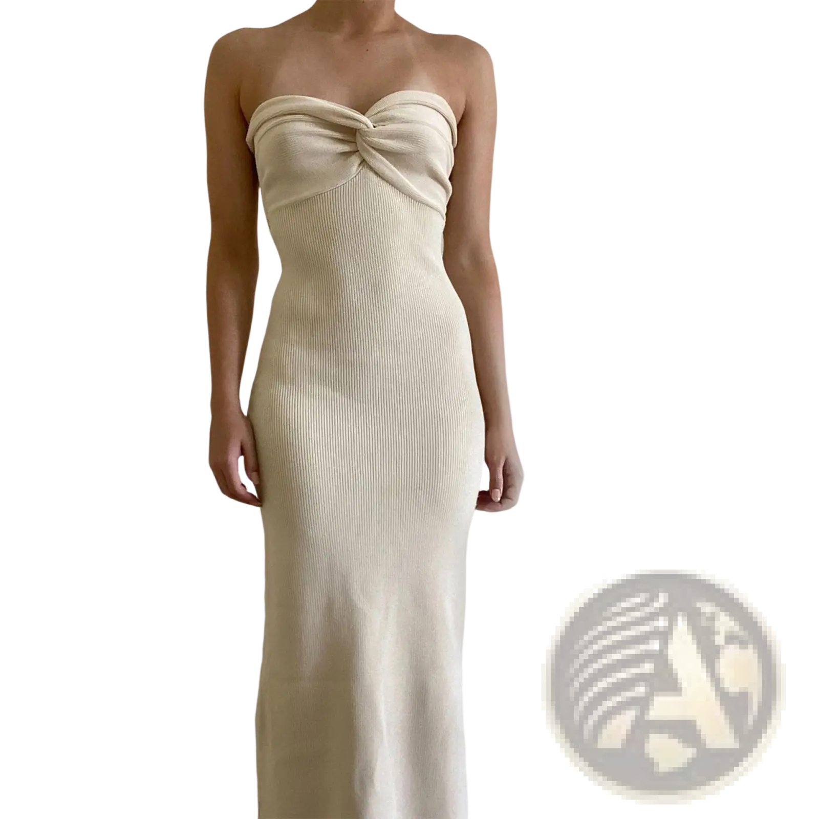 Cream-colored off shoulder ribbed knit midi dress with twisted knot detail at the bust in a strapless design