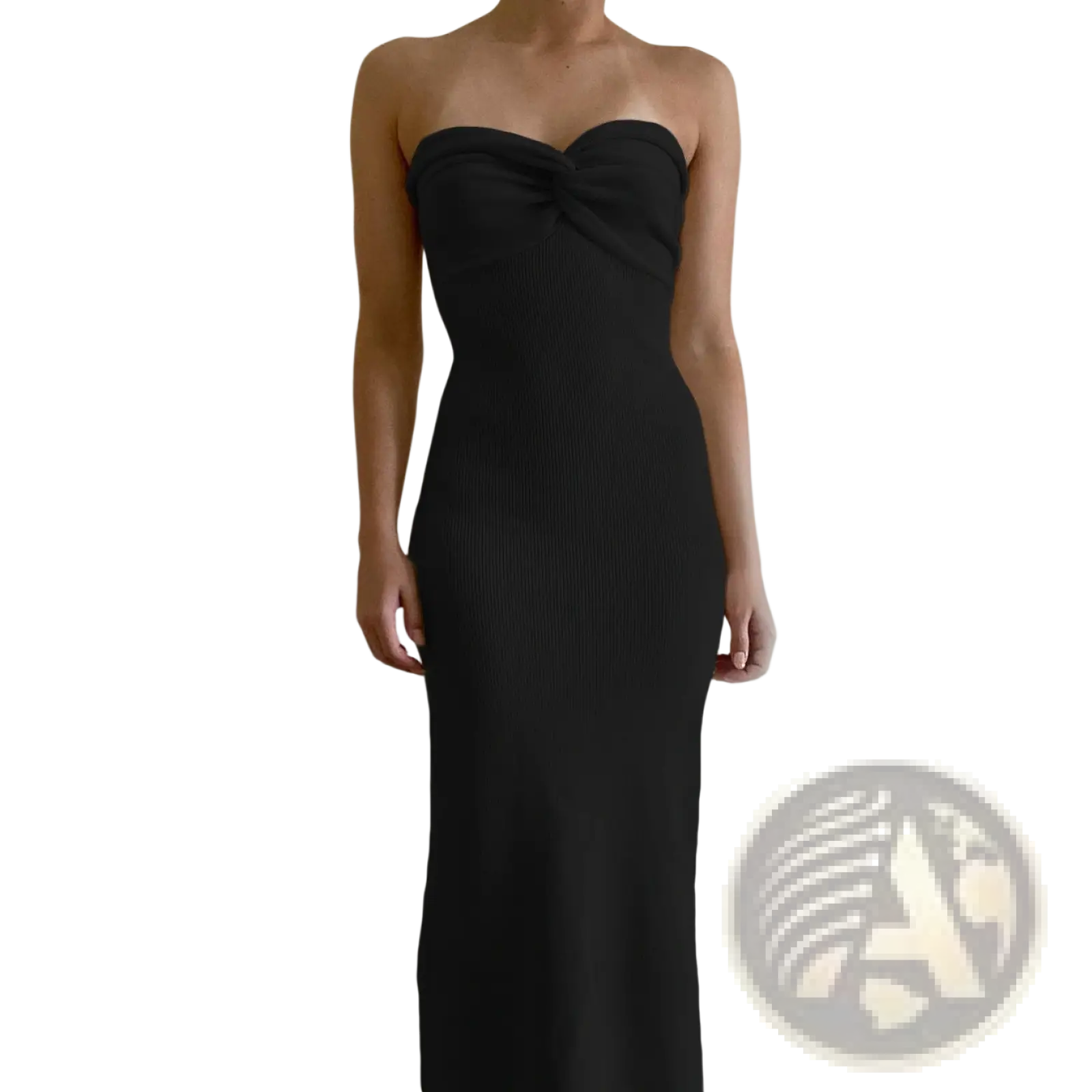 Black ribbed knit midi dress with off shoulder knotted strapless design and gathered bodice for elegant wear
