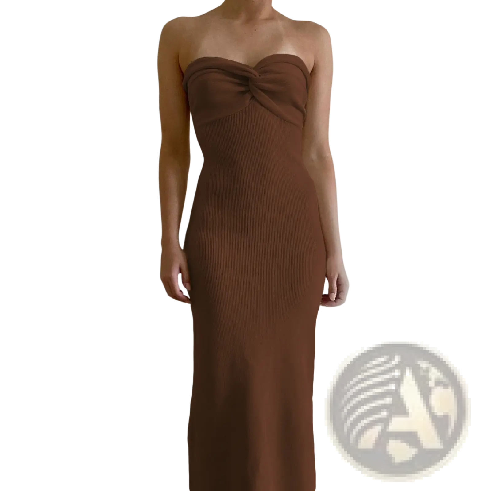 A sleek brown ribbed knit midi dress with a twisted bodice and off shoulder design for elegant occasions