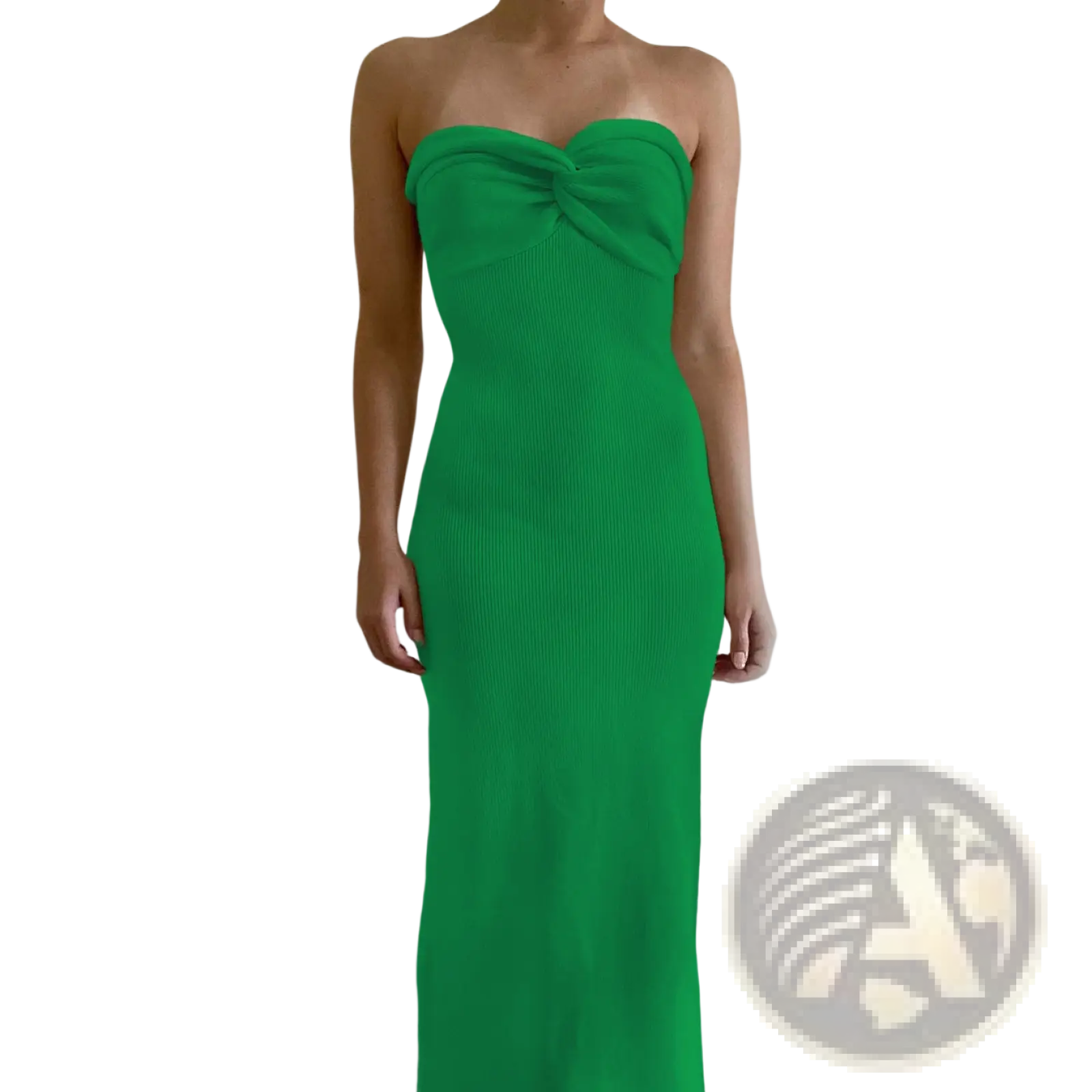 A vibrant green off shoulder knotted ribbed knit midi dress with strapless design and bow detail at the bust