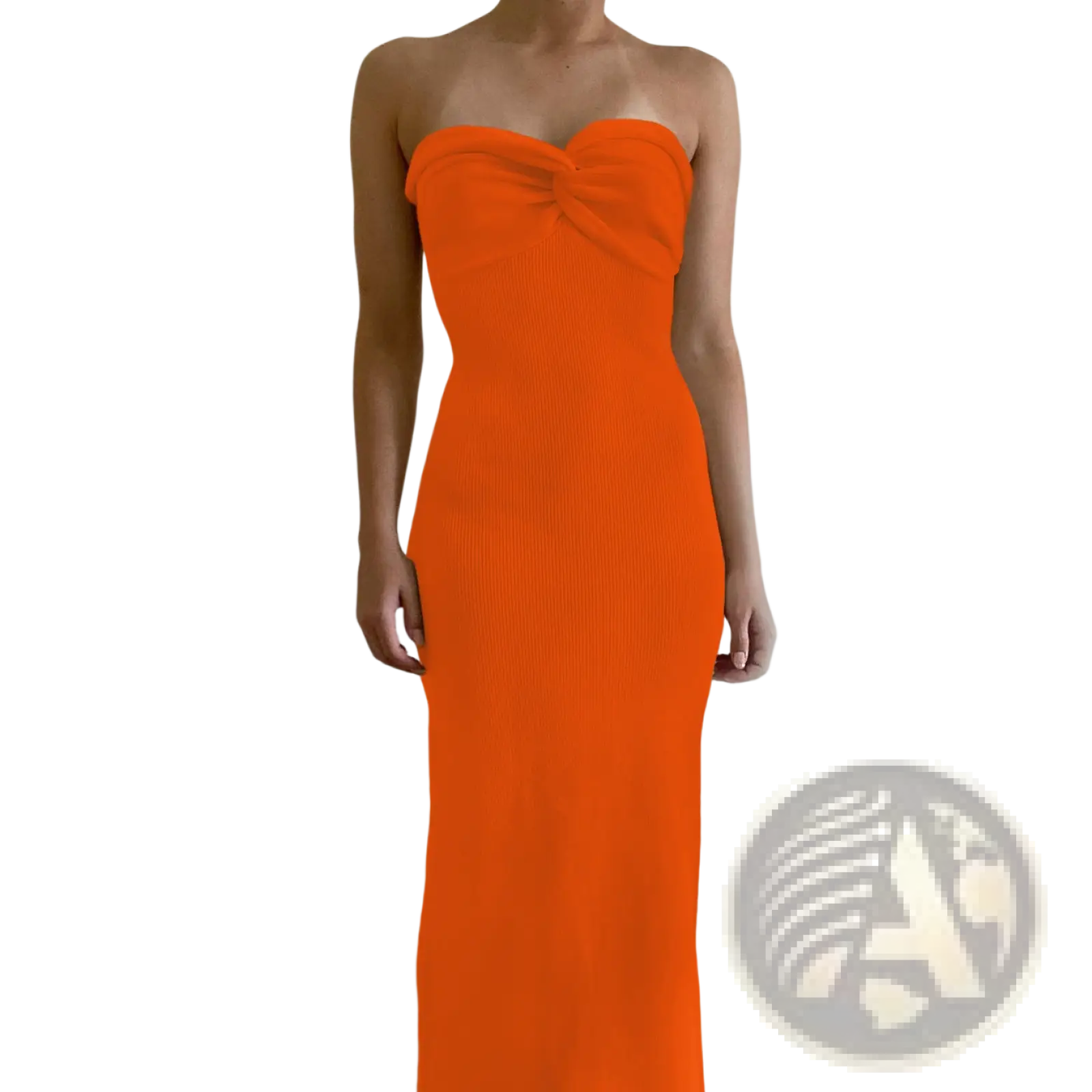 A vibrant orange off shoulder knotted ribbed knit midi dress with a strapless sweetheart neckline and bow detail