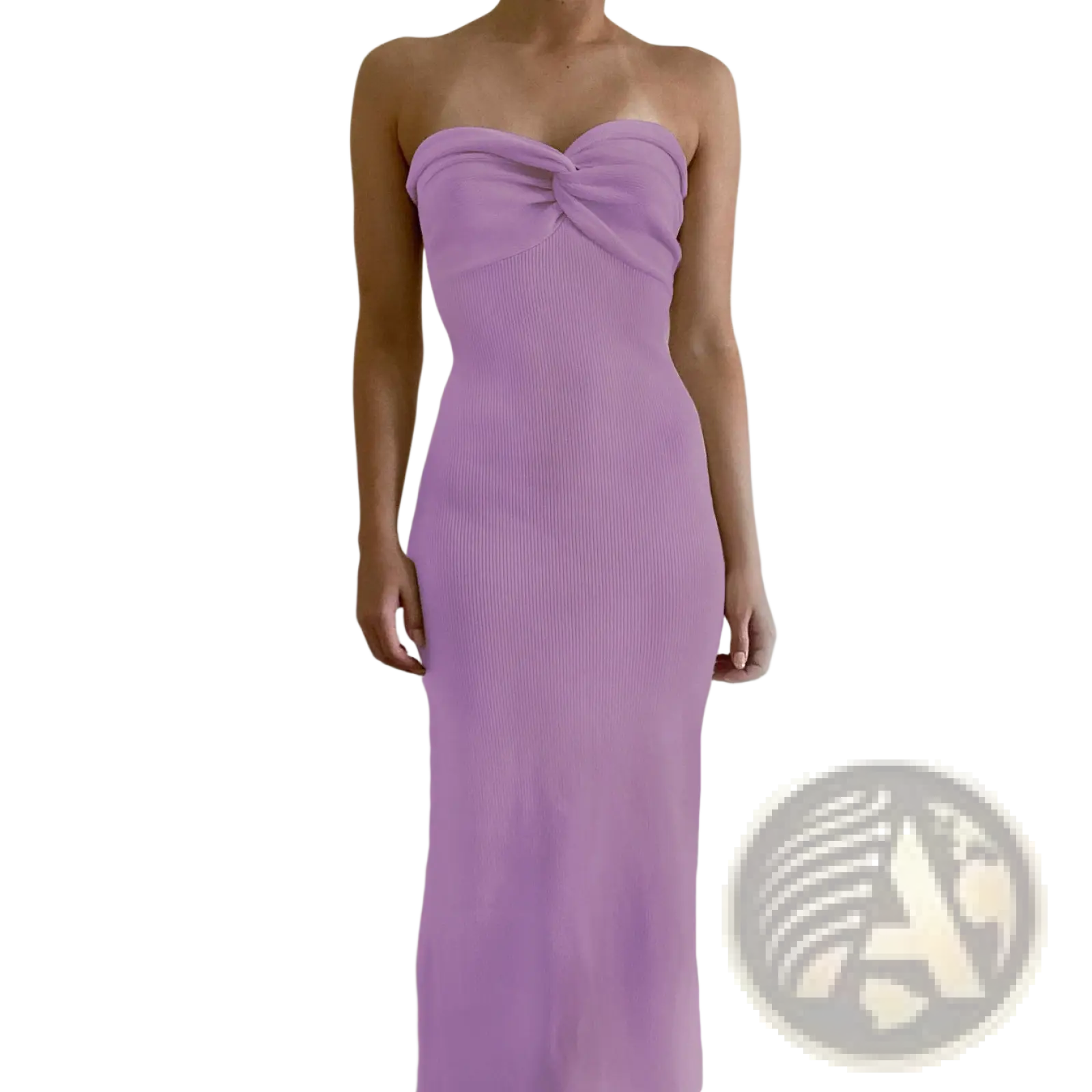 A lavender ribbed knit off shoulder midi dress with a strapless gathered bodice for elegant occasions
