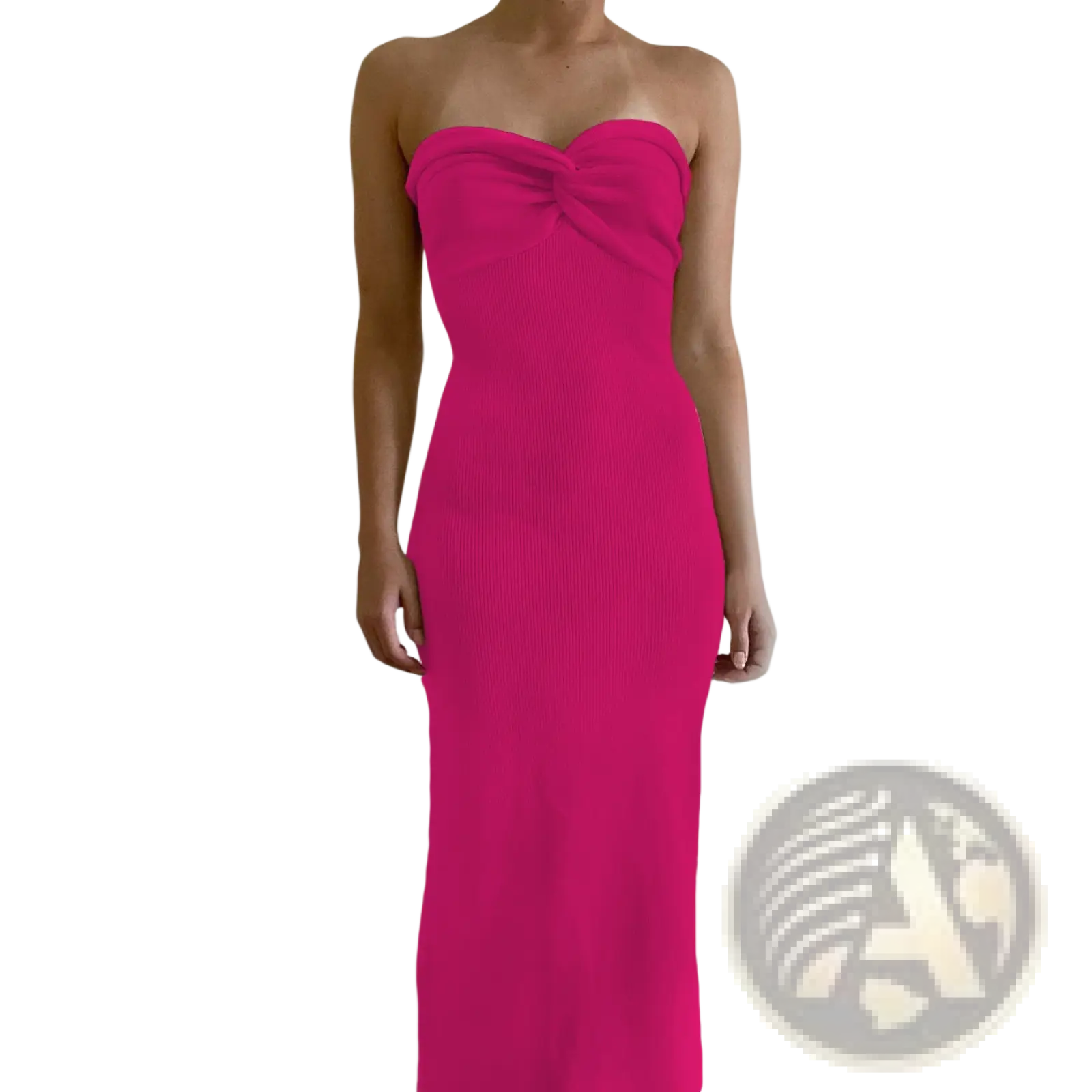 A vibrant fuchsia off shoulder knotted ribbed knit midi dress with a strapless sweetheart neckline