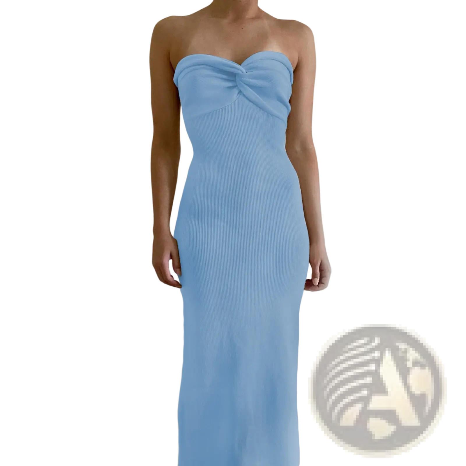 Off shoulder knotted ribbed knit midi dress in light blue featuring a strapless twisted bodice detail
