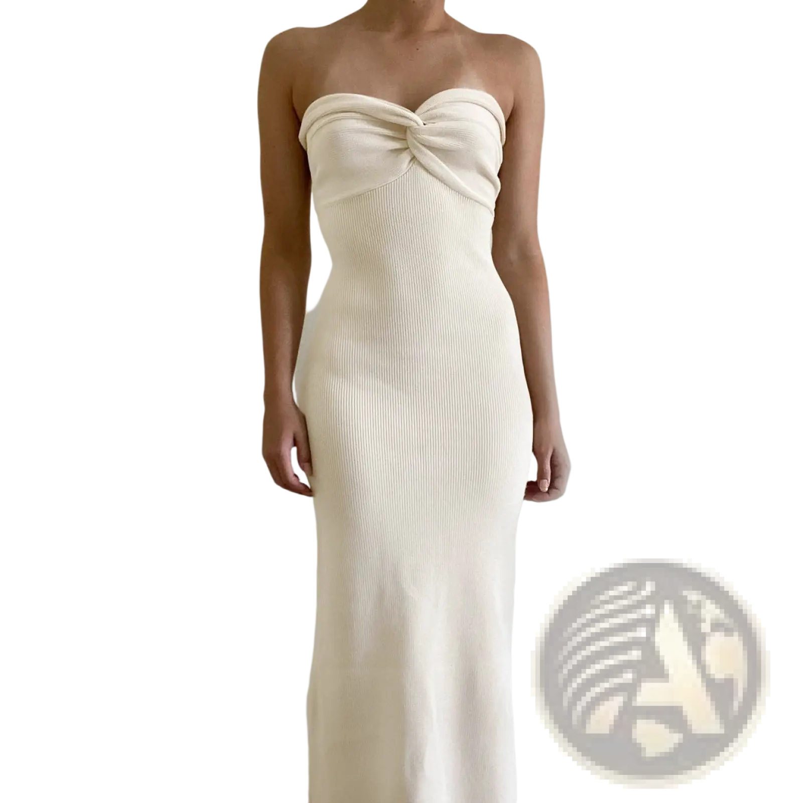 Off shoulder knotted ribbed knit midi dress in off white with a strapless twisted knot bust detail