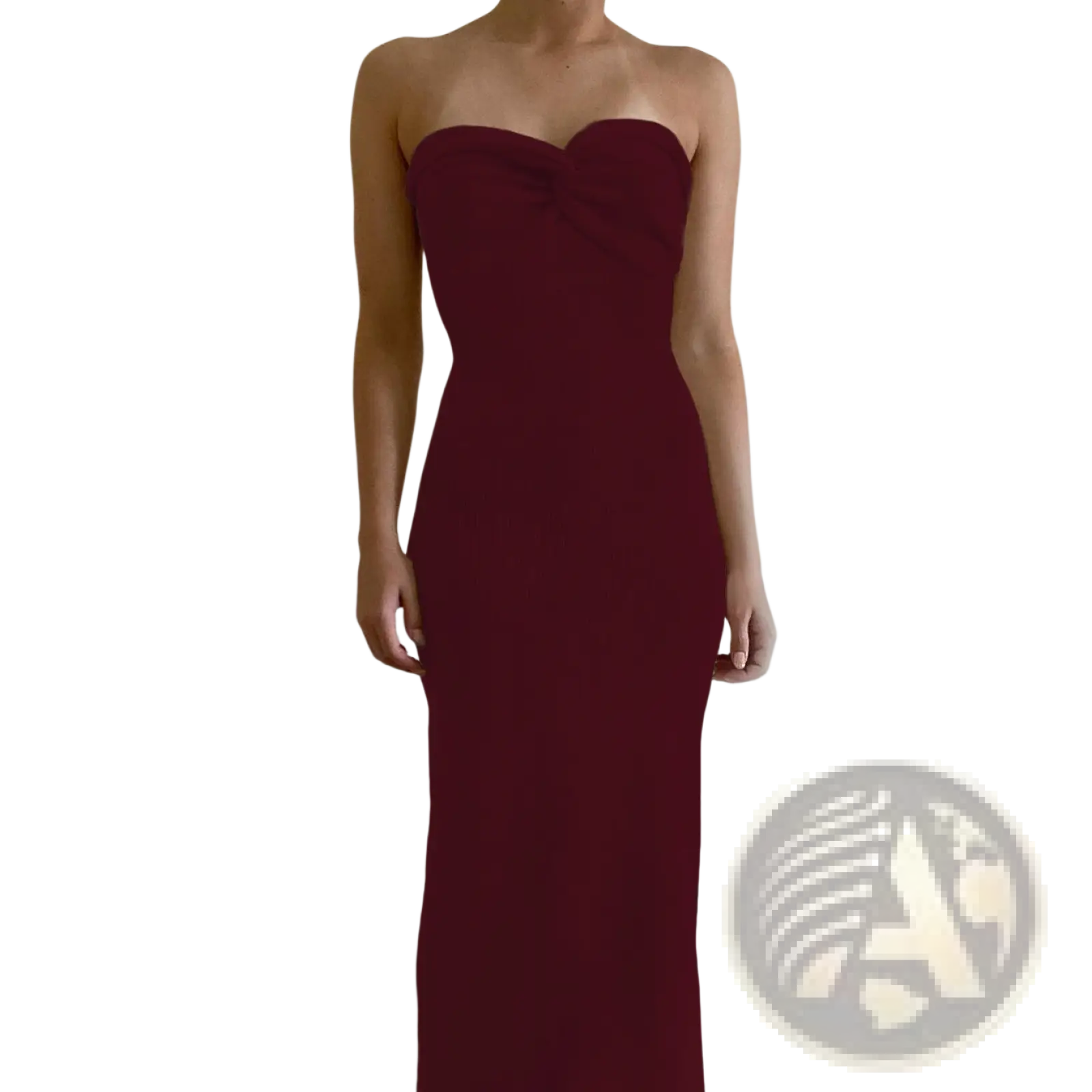 A sleek strapless burgundy knit midi dress with a fitted silhouette and subtle sweetheart neckline