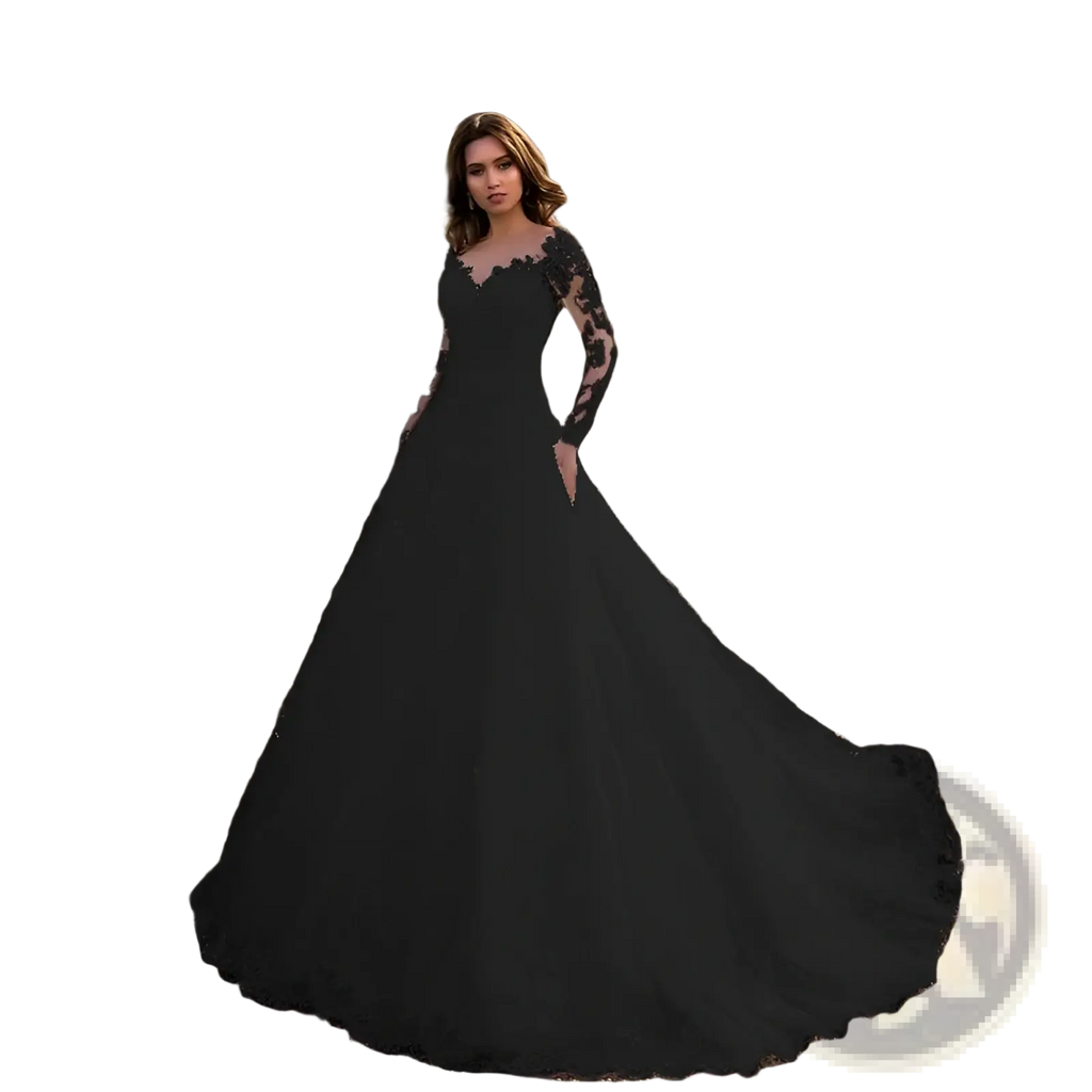 Elegant black lace off shoulder long sleeve bridal wedding gown with flowing skirt showcasing sophisticated design