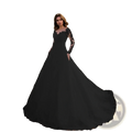 Elegant black lace off shoulder long sleeve bridal wedding gown with flowing skirt showcasing sophisticated design