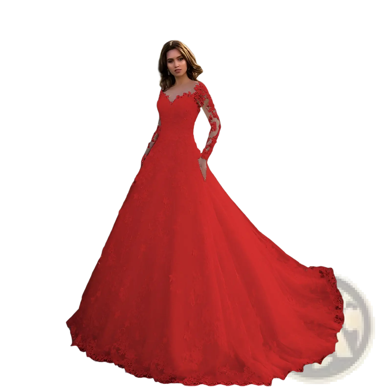 A vibrant red off shoulder lace long sleeve bridal wedding gown with a flowing skirt for formal occasions