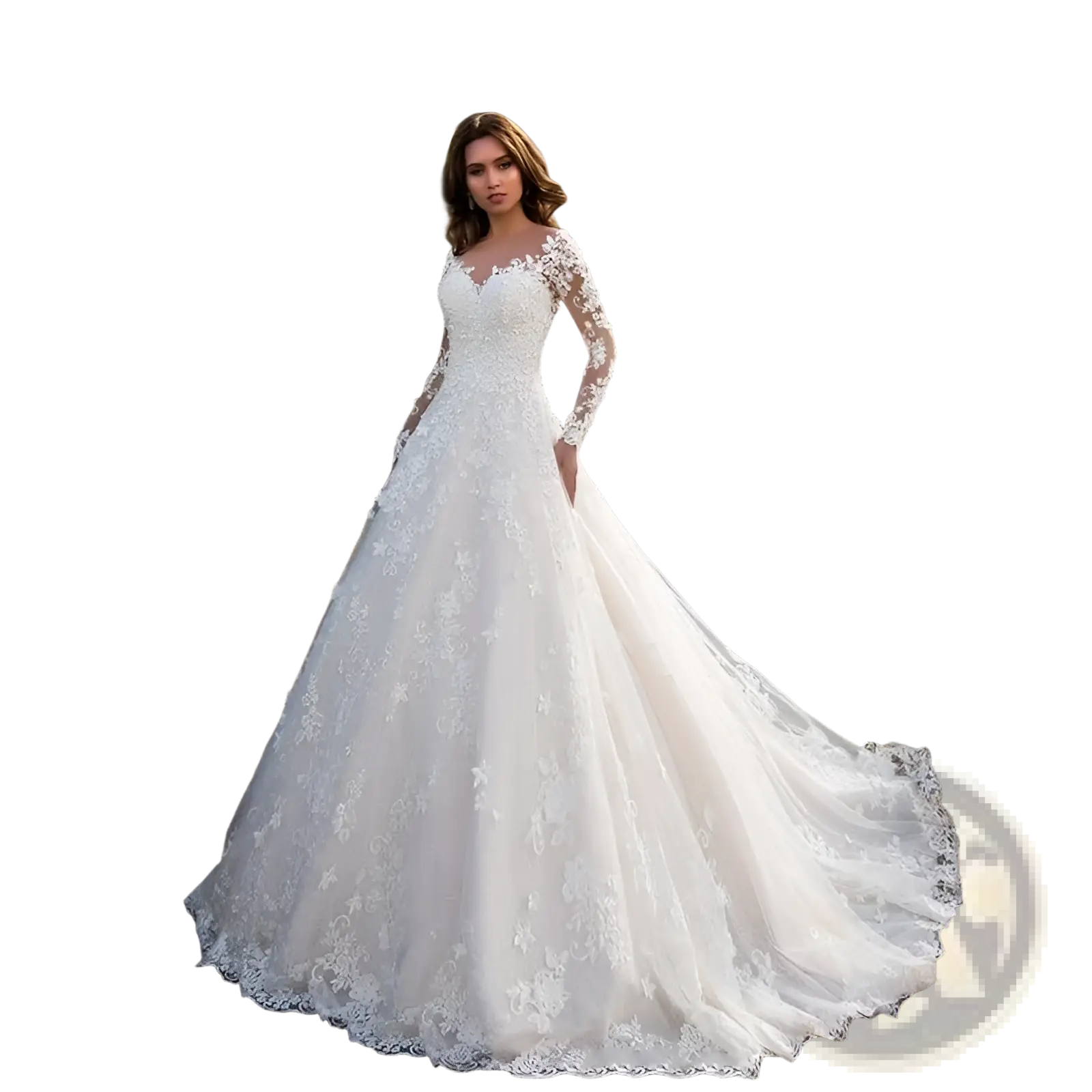Off shoulder lace long sleeve white wedding gown with fitted bodice and floral embroidered skirt for bridal wear