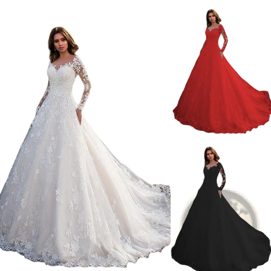 Elegant off shoulder white lace bridal wedding gown with long sleeves and a flowing train for formal occasions