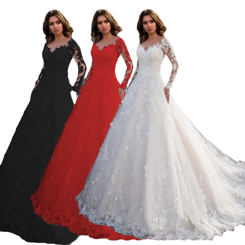 Elegant ivory off shoulder lace bridal wedding gown with long sheer sleeves and a voluminous floor-length skirt