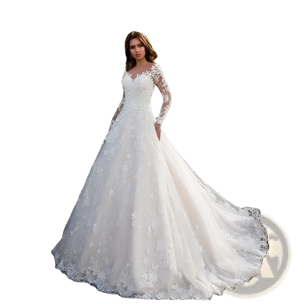 Elegant white off shoulder lace bridal wedding gown with long sleeves and a flowing ballgown silhouette