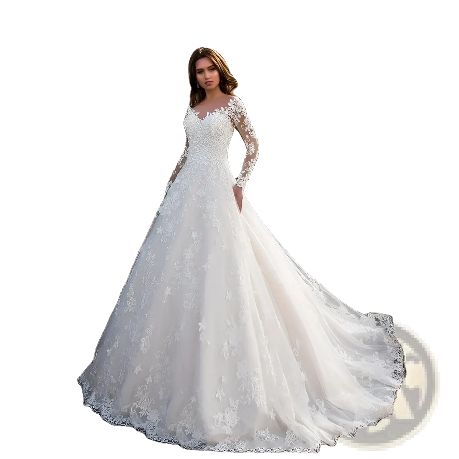 Elegant white off shoulder lace bridal wedding gown with long sleeves and a flowing ballgown silhouette