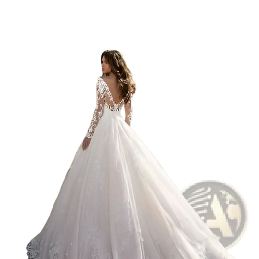 A flowing white off shoulder lace long sleeve bridal wedding gown with intricate lace detailing