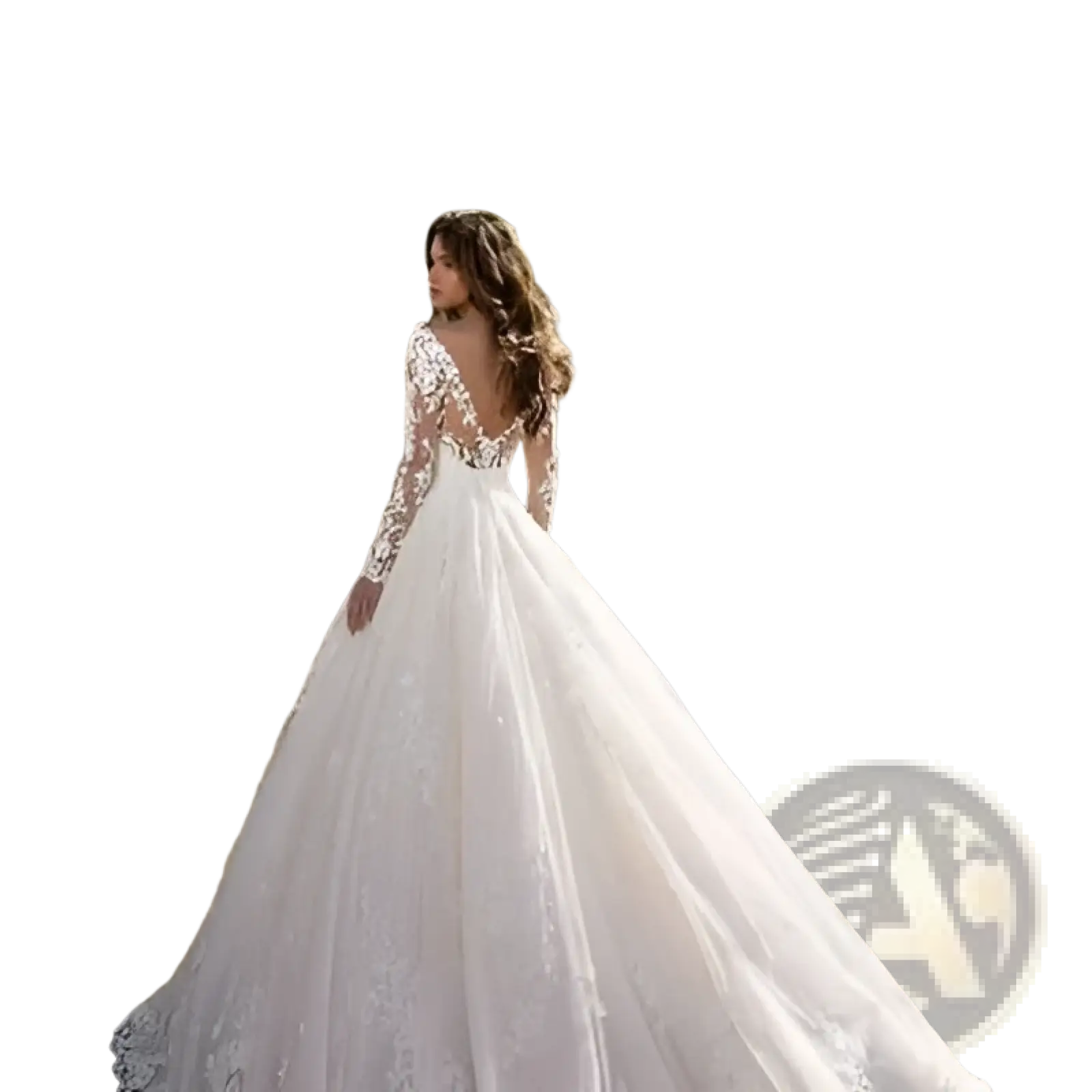 A flowing white off shoulder lace long sleeve bridal wedding gown with intricate lace detailing