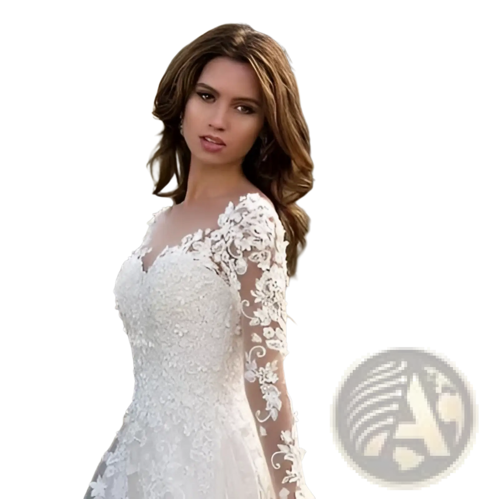 A woman wearing an elegant off shoulder white lace long sleeve bridal wedding gown with a fitted bodice